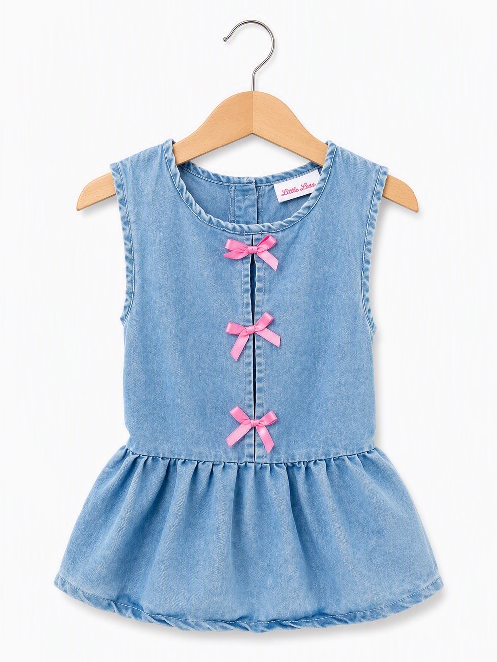 Little Lass Light Wash Denim Chambray Ruffle Bow Peplum Blouse Shirt 6Y Coquette